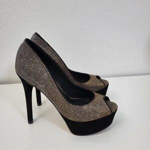 BRIAN ATWOOD Platform Pumps Womens 6 Black Gold Iridescent Shimmer Peep Toe